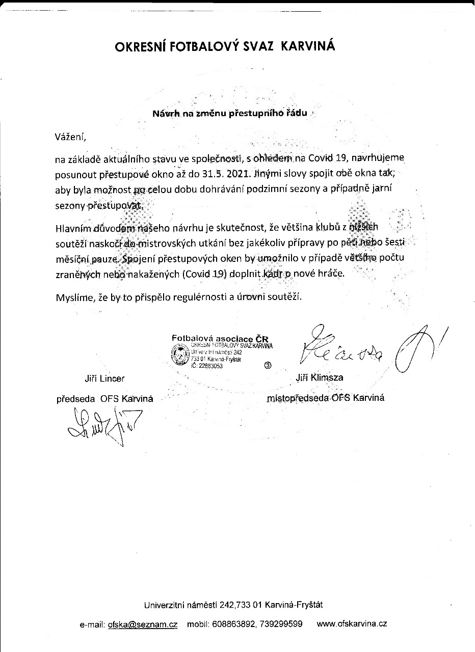 Návrh úpravy přestupního řadu schválený VV OFS 27.1 a odeslaný na VV FAČR